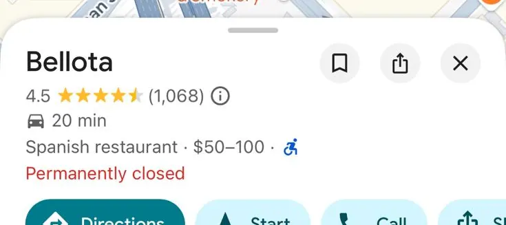 A listing for Bellota, a Spanish restaurant in San Francisco, reading “Permanently closed”