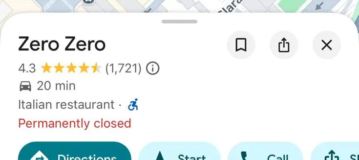 A listing for Zero Zero, an Italian restaurant in San Francisco, reading “Permanently closed”