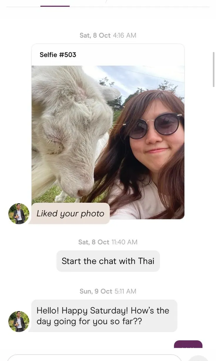 The first Hinge messages: Thai likes a selfie of Jingwen beside a goat, then opens with “Hello! Happy Saturday! How’s the day going for you so far??”