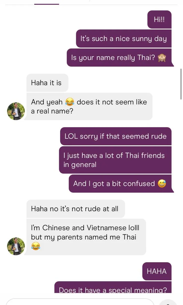 The Hinge conversation where Jingwen asks “Is your name really Thai?” and Thai replies that he is Chinese and Vietnamese but his parents named him Thai